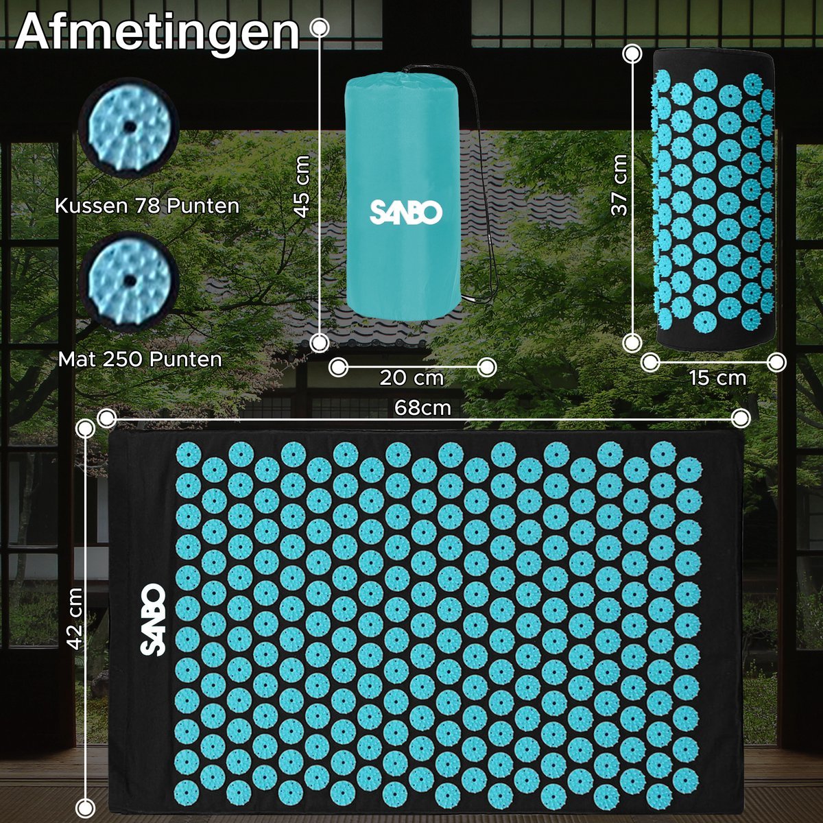 Sanbo Acupressuur Mat met Kussen - 82x42x2cm - 2x Triggerpoint Bal - SANBO Sports