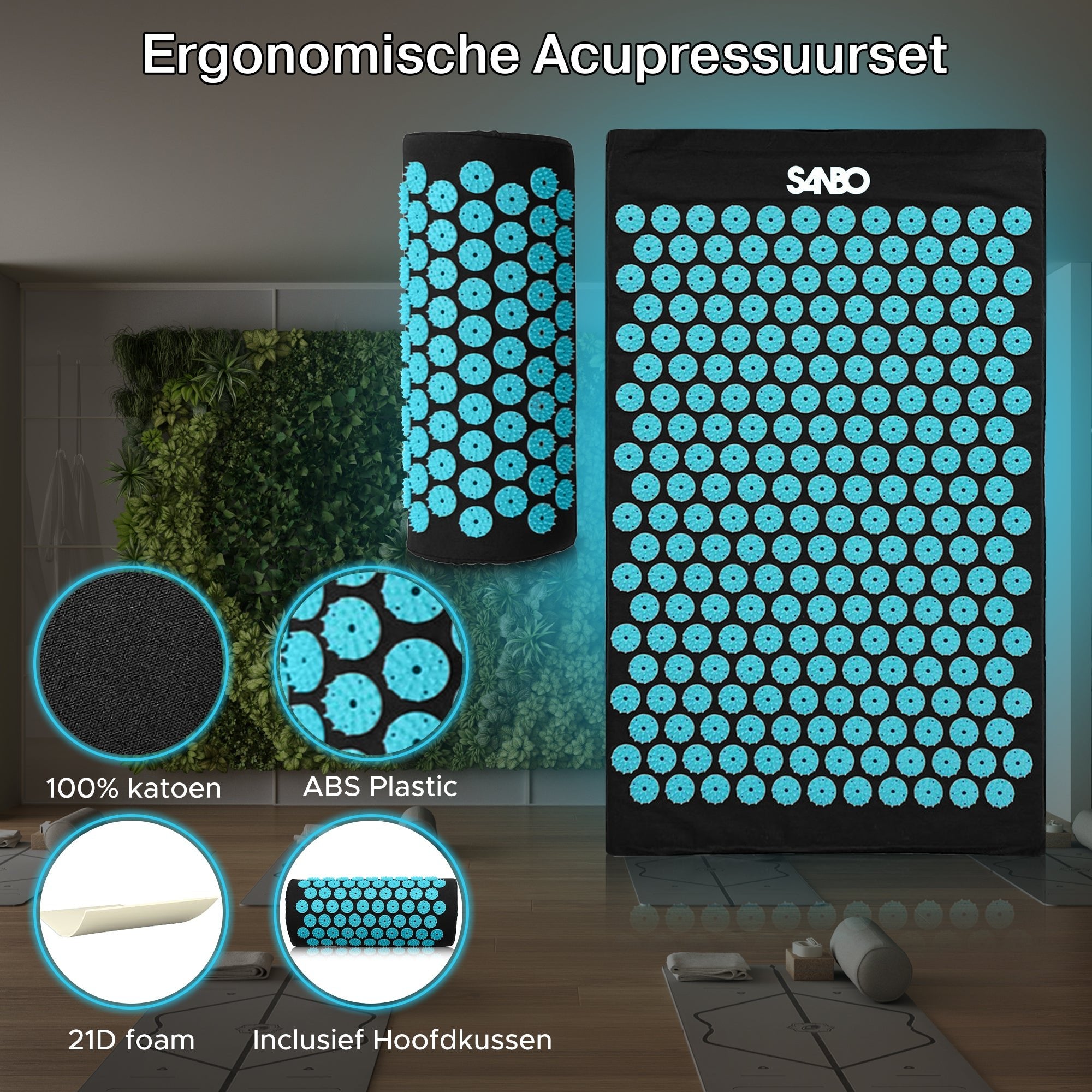 Sanbo Acupressuur Mat met Kussen - 68x42x2cm - 2x Triggerpoint Bal - SANBO Sports