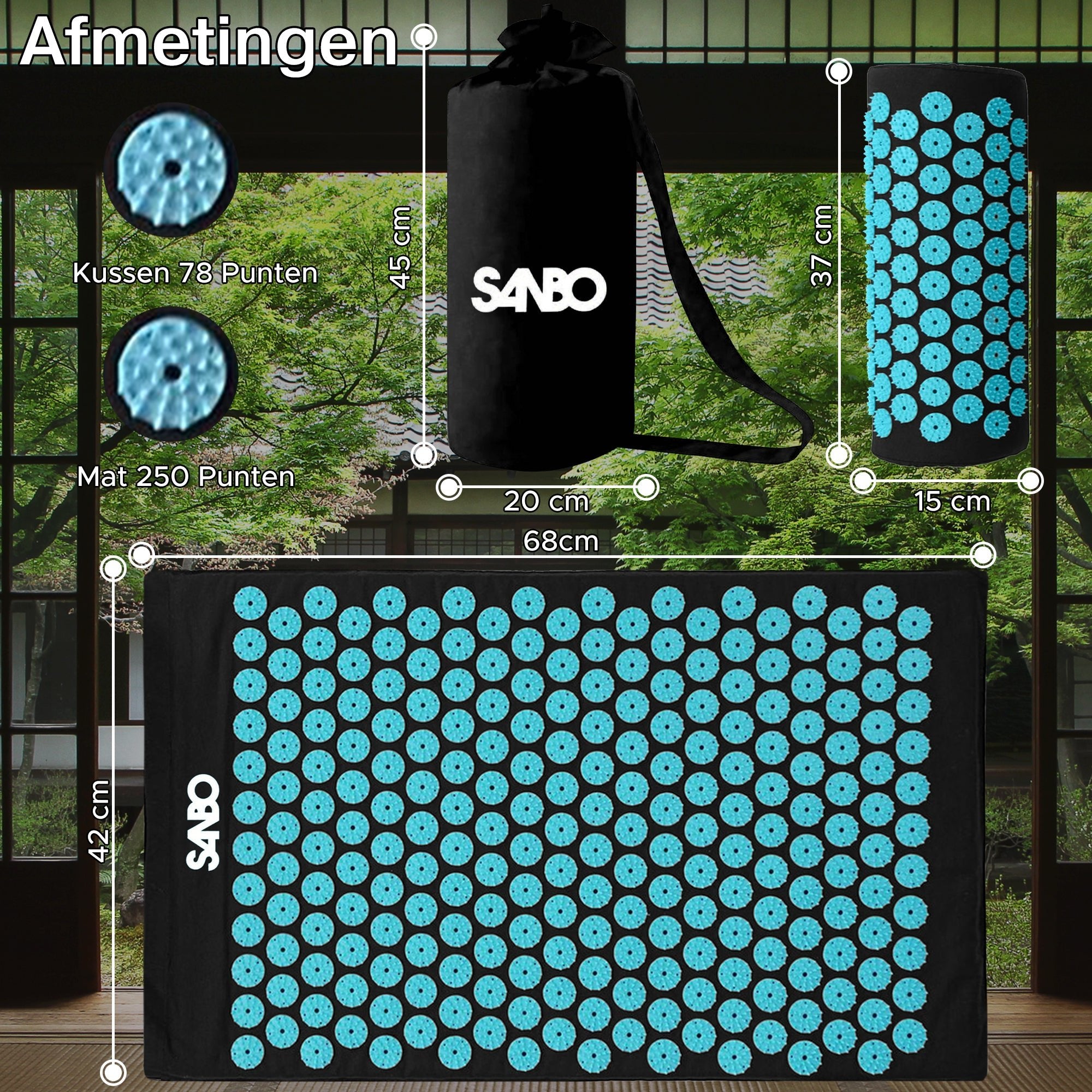 Sanbo Acupressuur Mat met Kussen - 68x42x2cm - 2x Triggerpoint Bal - SANBO Sports