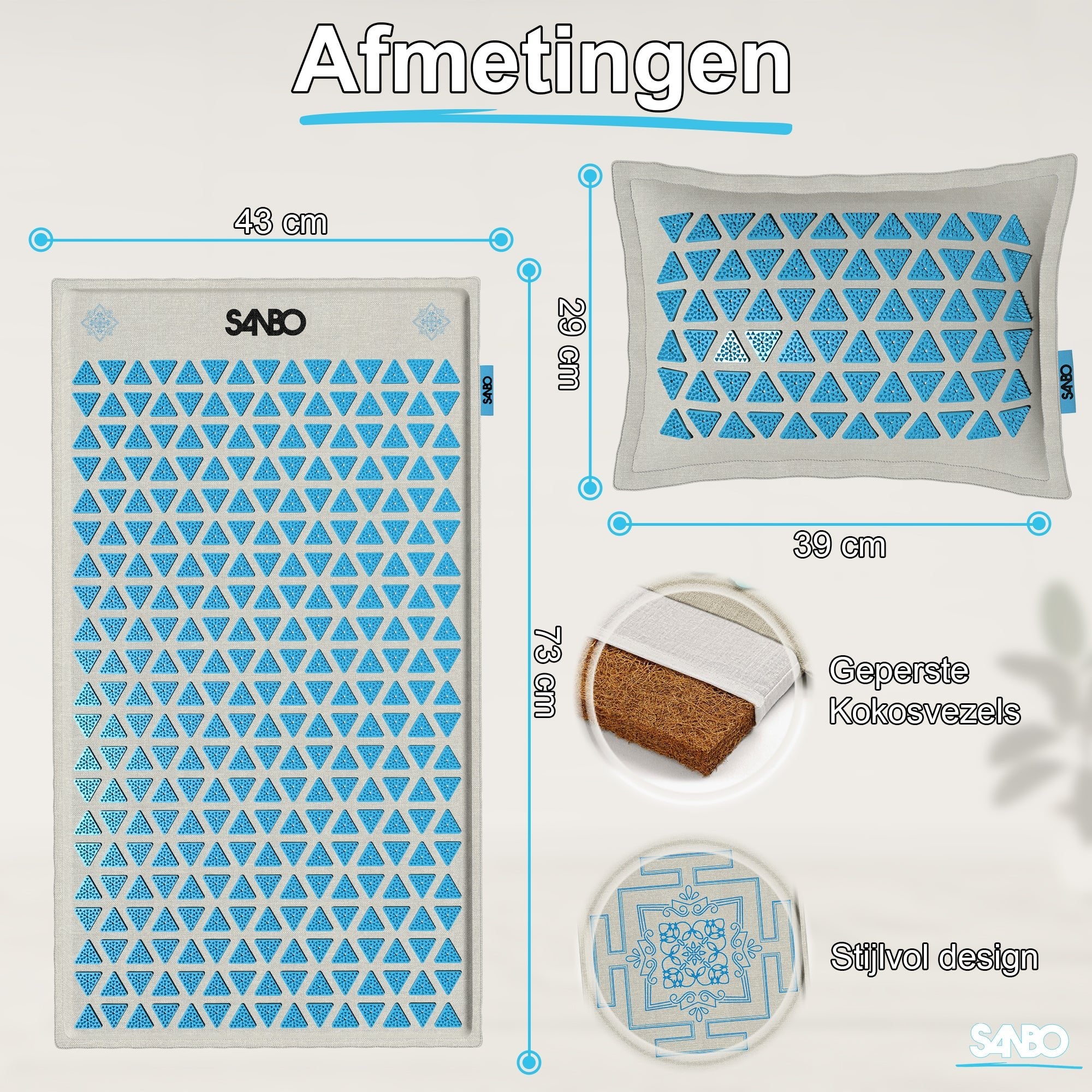 Sanbo Acupressuur Mat Pro met Kussen - 78x42 cm - 100% Kokosvezel - SANBO Sports