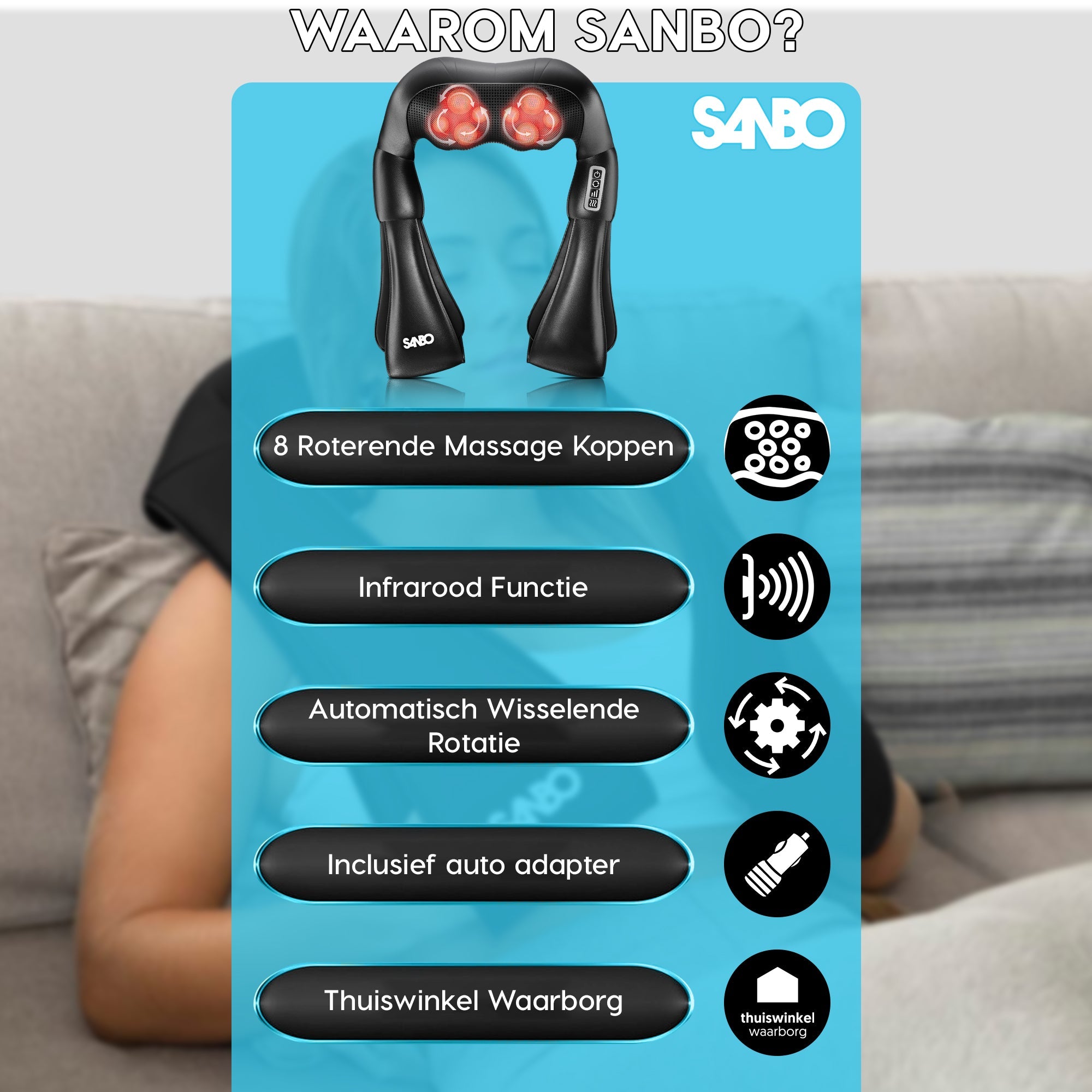 Sanbo Massagekussen - Extra Lange Kabel 3 Meter - Warmtefunctie met Infrarood - SANBO Sports