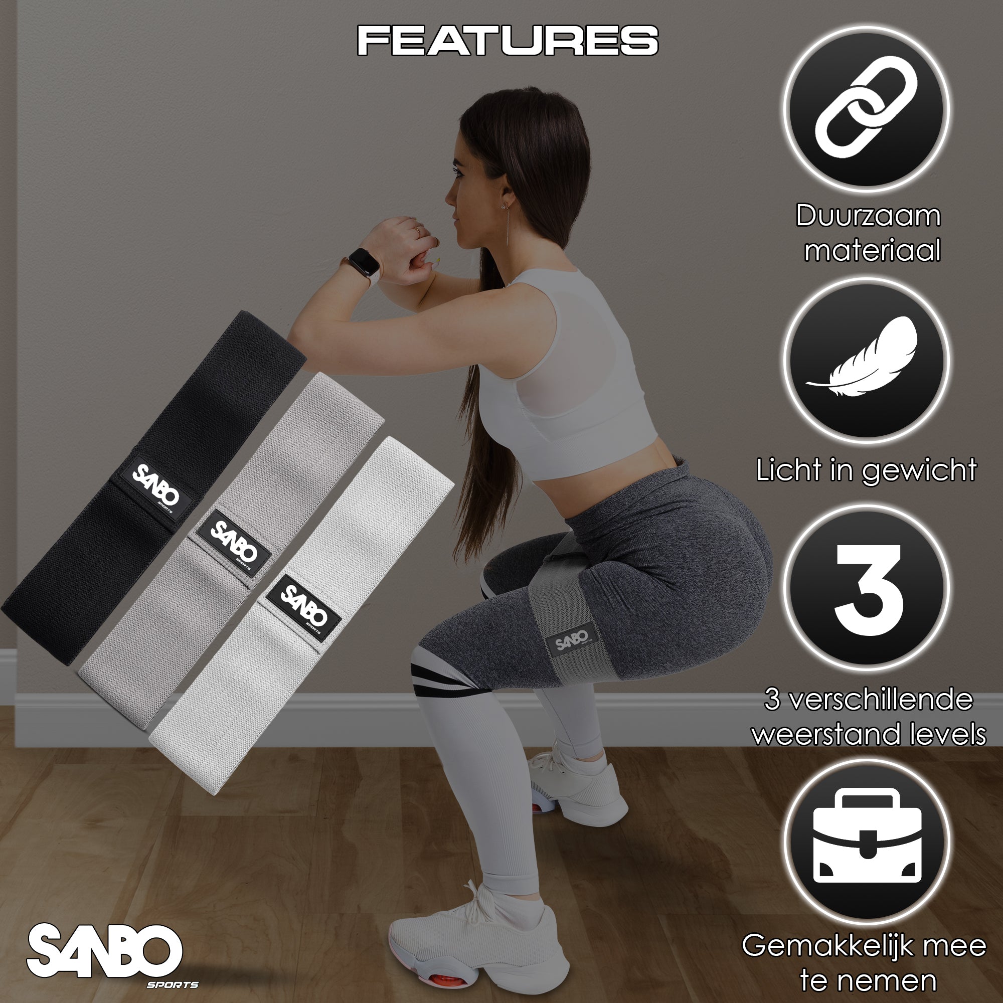Sanbo Weerstandsbanden set van 3 stuks - Extra sterk tot 30kg - 3 Kleuren - Incl. Opbergzakje - SANBO Sports