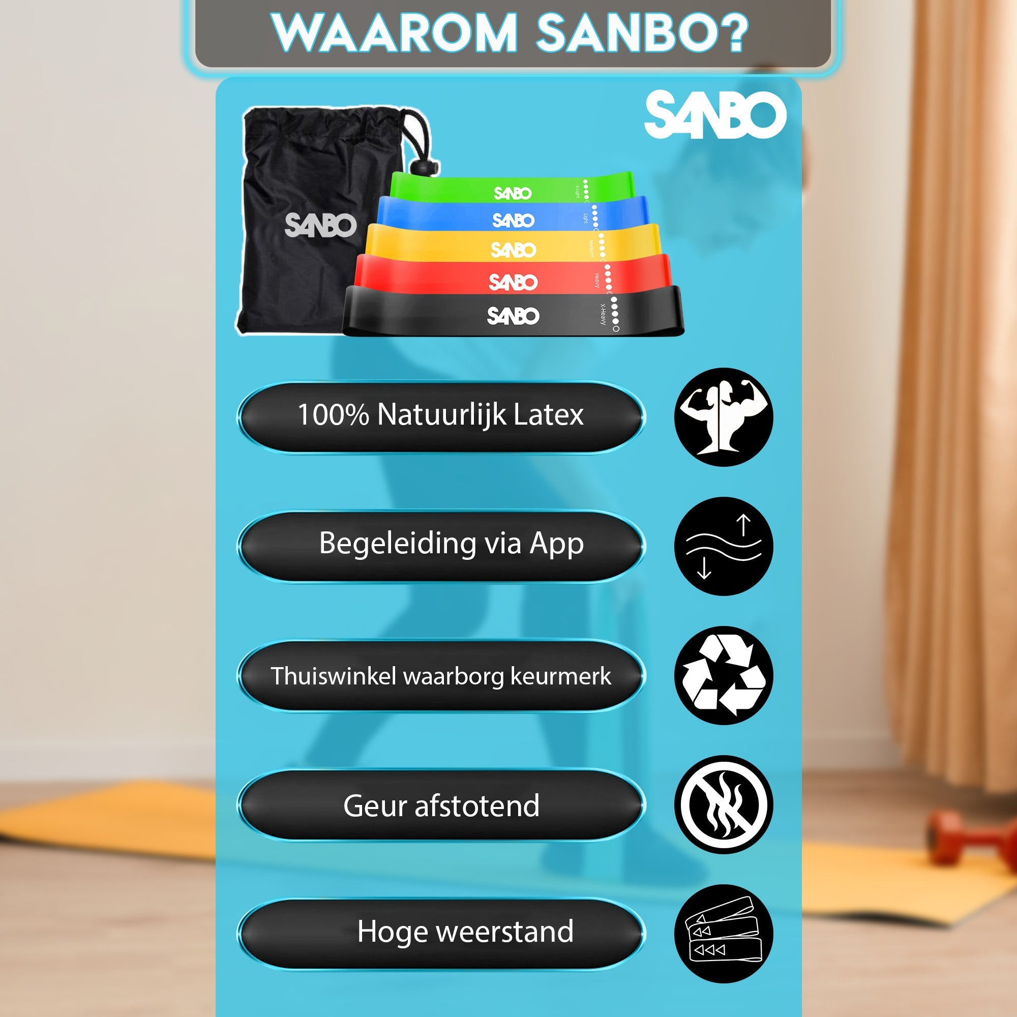 Sanbo Weerstandsbanden set van 5 stuks - Extra sterk tot 18kg - Incl. opbergzakje - 100% Natuurlijk Latex - SANBO Sports