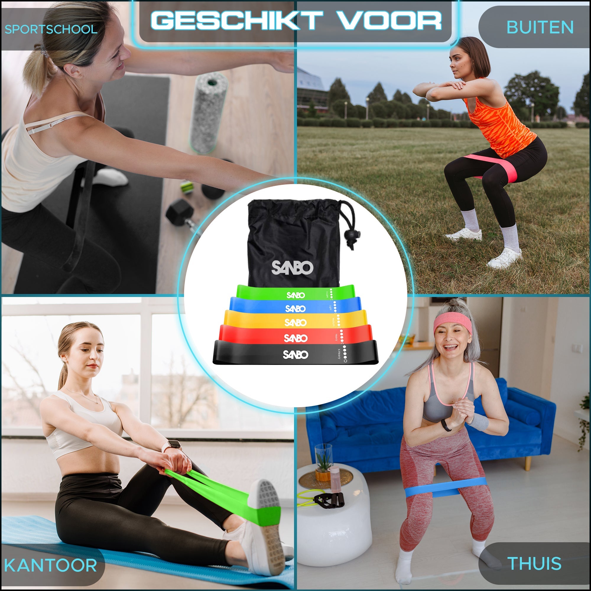 Sanbo Weerstandsbanden set van 5 stuks - Extra sterk tot 18kg - Incl. opbergzakje - 100% Natuurlijk Latex - SANBO Sports