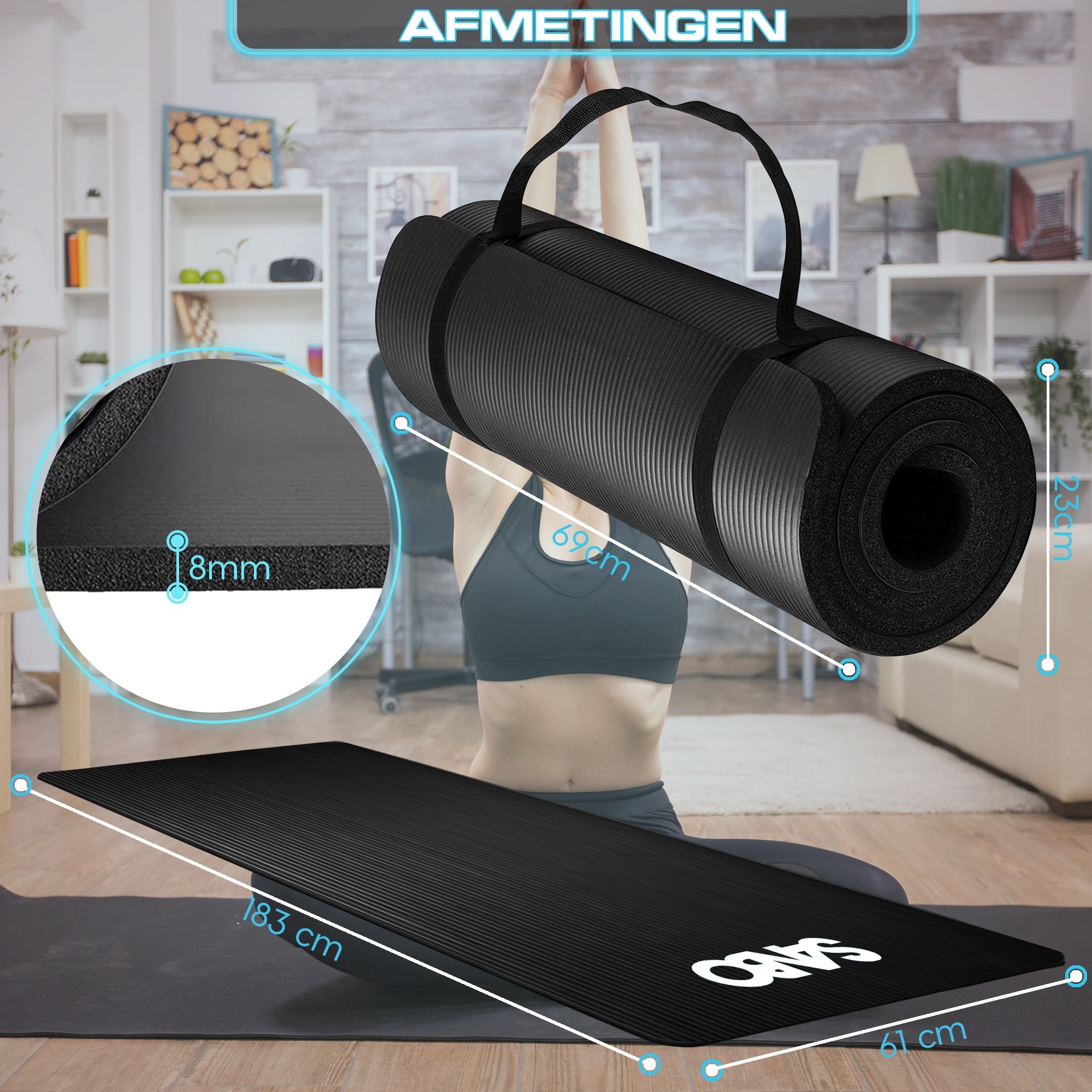 Sanbo Yoga Mat - Incl. Luxe Draagtas - Incl. App Met Uitleg - 183 x 61 x 0,8 cm - Extra Dik 8mm - SANBO Sports